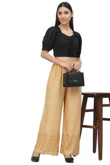 Beige Cotton Lycra Solid Chicken Palazzos