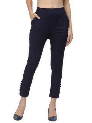 Navy Blue Cotton Lycra Solid Cigarette Pants 2