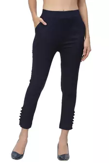 Navy Blue Cotton Lycra Solid Cigarette Pants