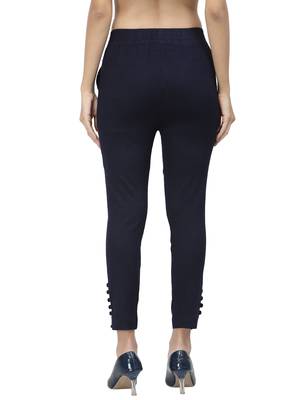Navy Blue Cotton Lycra Solid Cigarette Pants 3