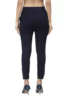 Navy Blue Cotton Lycra Solid Cigarette Pants