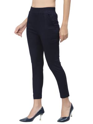 Navy Blue Cotton Lycra Solid Cigarette Pants 4