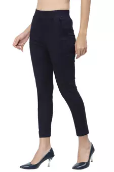 Navy Blue Cotton Lycra Solid Cigarette Pants