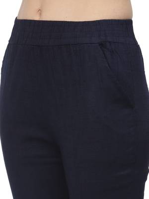Navy Blue Cotton Lycra Solid Cigarette Pants 5