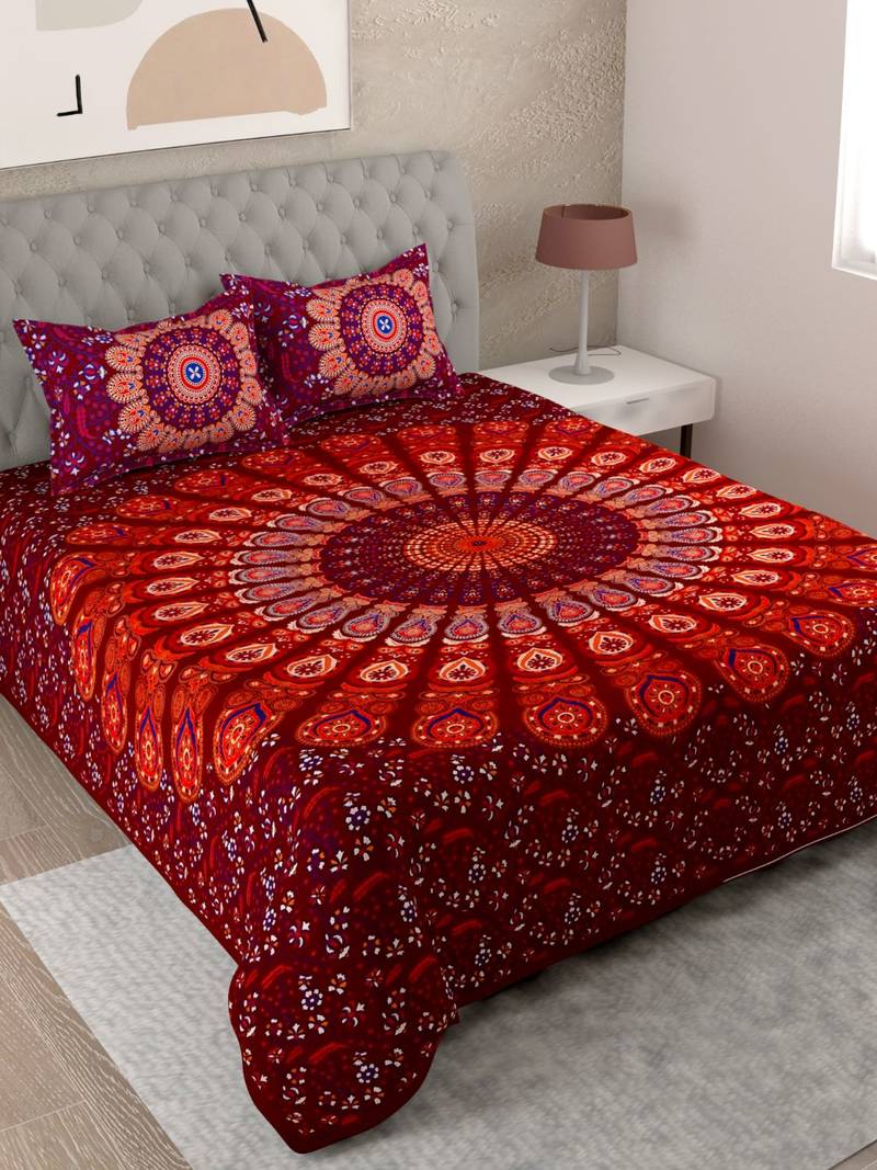 UniqChoice Maroon Color 100% Cotton Badmeri Printed King Size Bedsheet With 2 Pillow Cover(D-1007NMaroon)
