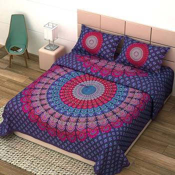 UniqChoice Purple Color 100% Cotton Badmeri Printed King Size Bedsheet With 2 Pillow Cover(D-1010NPurple) 2