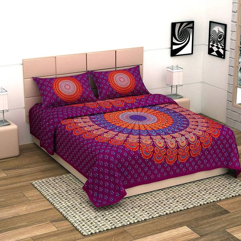UniqChoice Maroon Color 100% Cotton Badmeri Printed King Size Bedsheet With 2 Pillow Cover(D-1010NMaroon)
