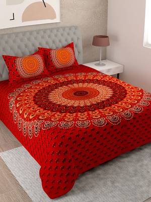 UniqChoice Red Color 100% Cotton Badmeri Printed King Size Bedsheet With 2 Pillow Cover(D-1010NRed) 1