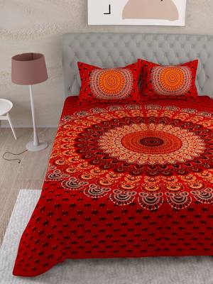 UniqChoice Red Color 100% Cotton Badmeri Printed King Size Bedsheet With 2 Pillow Cover(D-1010NRed) 2