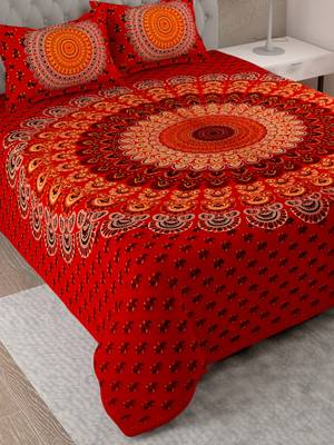 UniqChoice Red Color 100% Cotton Badmeri Printed King Size Bedsheet With 2 Pillow Cover(D-1010NRed) 3