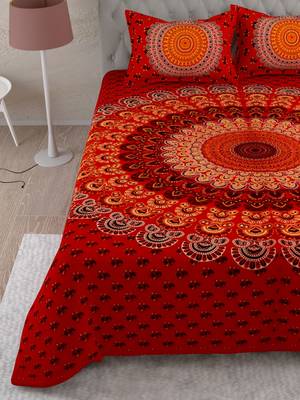 UniqChoice Red Color 100% Cotton Badmeri Printed King Size Bedsheet With 2 Pillow Cover(D-1010NRed) 4