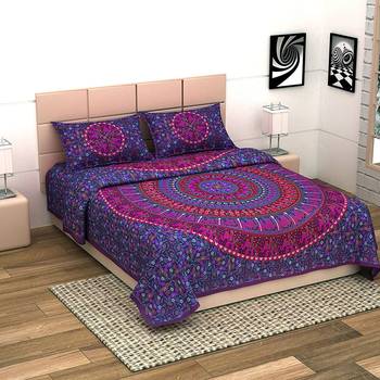 UniqChoice Purple Color 100% Cotton Badmeri Printed King Size Bedsheet With 2 Pillow Cover(D-1022NPurple) 1