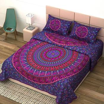 UniqChoice Purple Color 100% Cotton Badmeri Printed King Size Bedsheet With 2 Pillow Cover(D-1022NPurple) 2