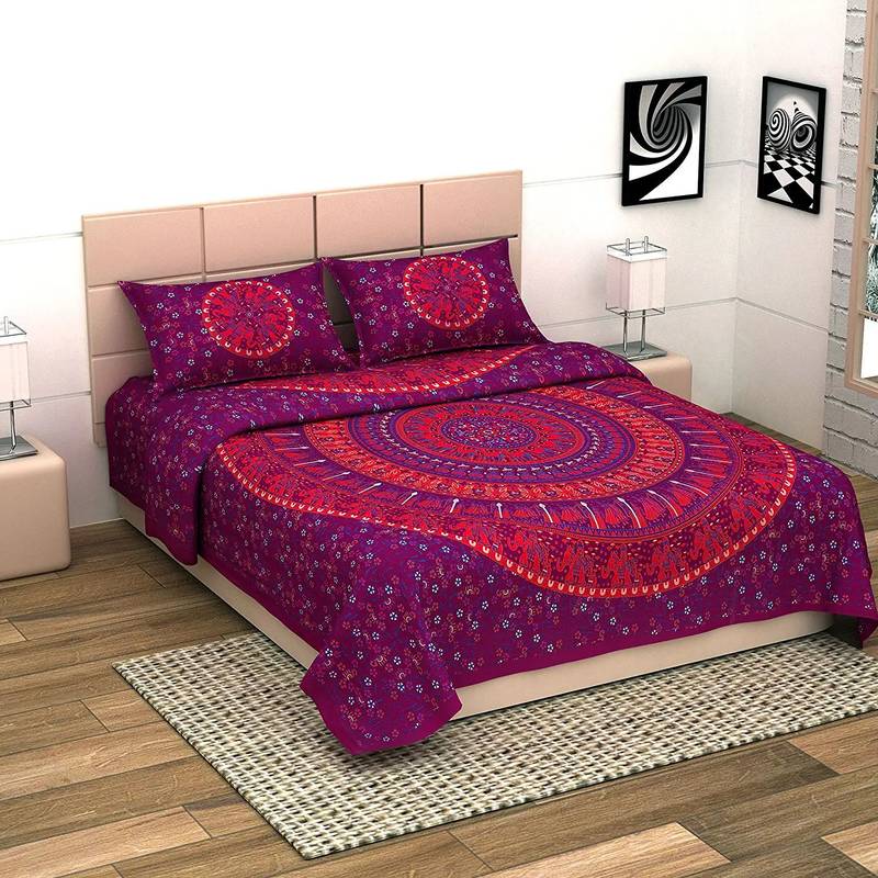 UniqChoice Maroon Color 100% Cotton Badmeri Printed King Size Bedsheet With 2 Pillow Cover(D-1022NMaroon)