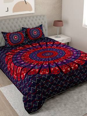 UniqChoice Purple Color 100% Cotton Badmeri Printed King Size Bedsheet With 2 Pillow Cover(D-1047NPurple) 1