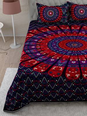 UniqChoice Purple Color 100% Cotton Badmeri Printed King Size Bedsheet With 2 Pillow Cover(D-1047NPurple) 4