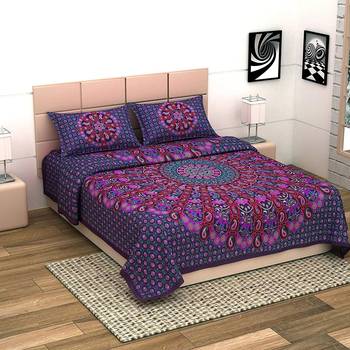 UniqChoice Purple Color 100% Cotton Badmeri Printed King Size Bedsheet With 2 Pillow Cover(D-2006NPurple) 1