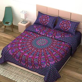 UniqChoice Purple Color 100% Cotton Badmeri Printed King Size Bedsheet With 2 Pillow Cover(D-2006NPurple) 2