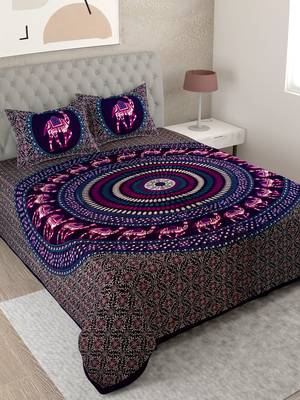 UniqChoice Purple Color 100% Cotton Badmeri Printed King Size Bedsheet With 2 Pillow Cover(D-2008NPurple) 1