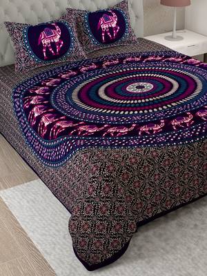 UniqChoice Purple Color 100% Cotton Badmeri Printed King Size Bedsheet With 2 Pillow Cover(D-2008NPurple) 3