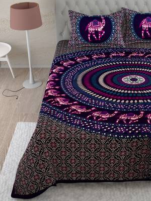 UniqChoice Purple Color 100% Cotton Badmeri Printed King Size Bedsheet With 2 Pillow Cover(D-2008NPurple) 4