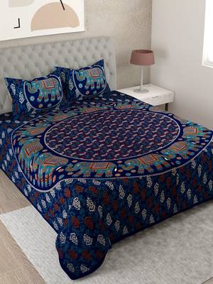 UniqChoice Purple Color 100% Cotton Badmeri Printed King Size Bedsheet With 2 Pillow Cover(D-2009NPurple) 1