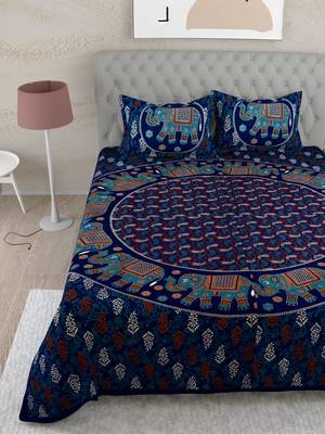 UniqChoice Purple Color 100% Cotton Badmeri Printed King Size Bedsheet With 2 Pillow Cover(D-2009NPurple) 2