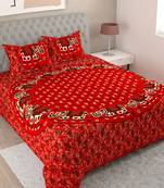 UniqChoice Red Color 100% Cotton Badmeri Printed King Size Bedsheet With 2 Pillow Cover(D-2009NRed)