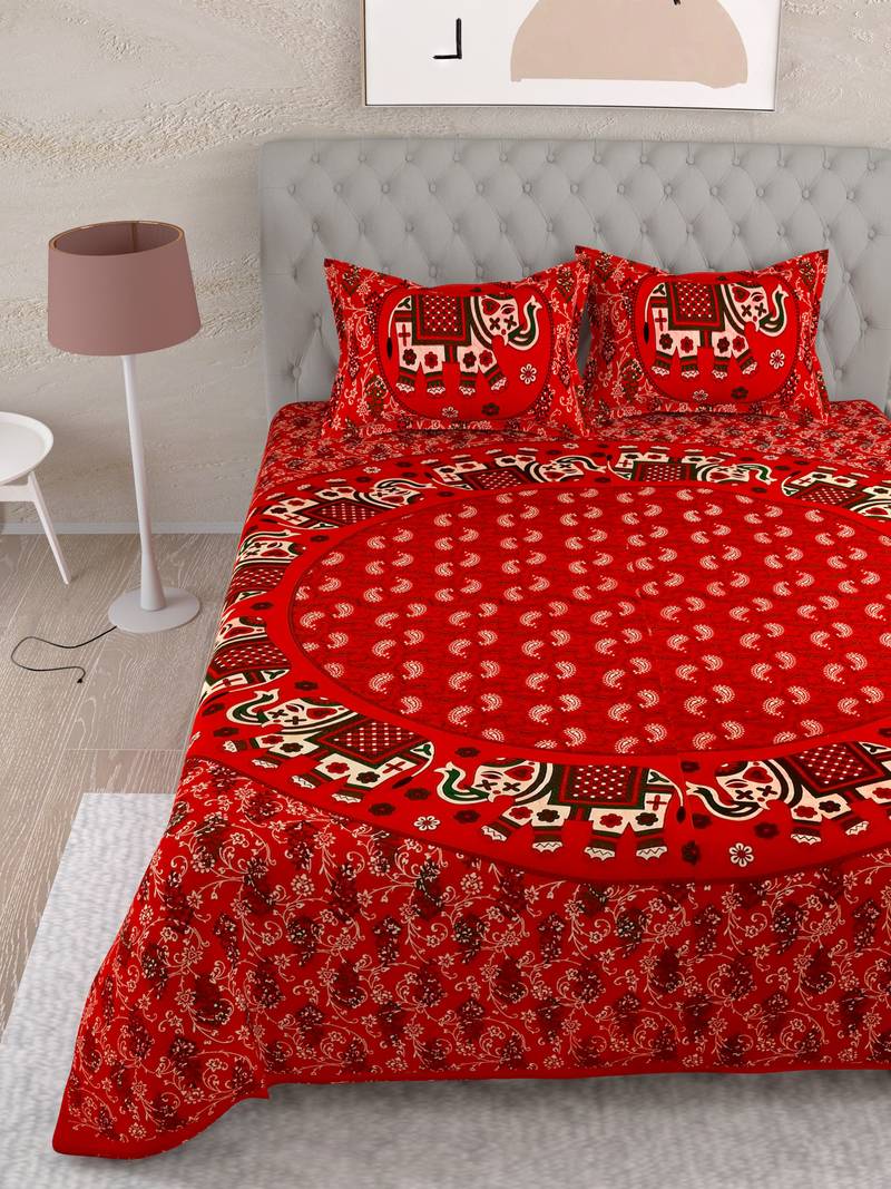 UniqChoice Red Color 100% Cotton Badmeri Printed King Size Bedsheet With 2 Pillow Cover(D-2009NRed)