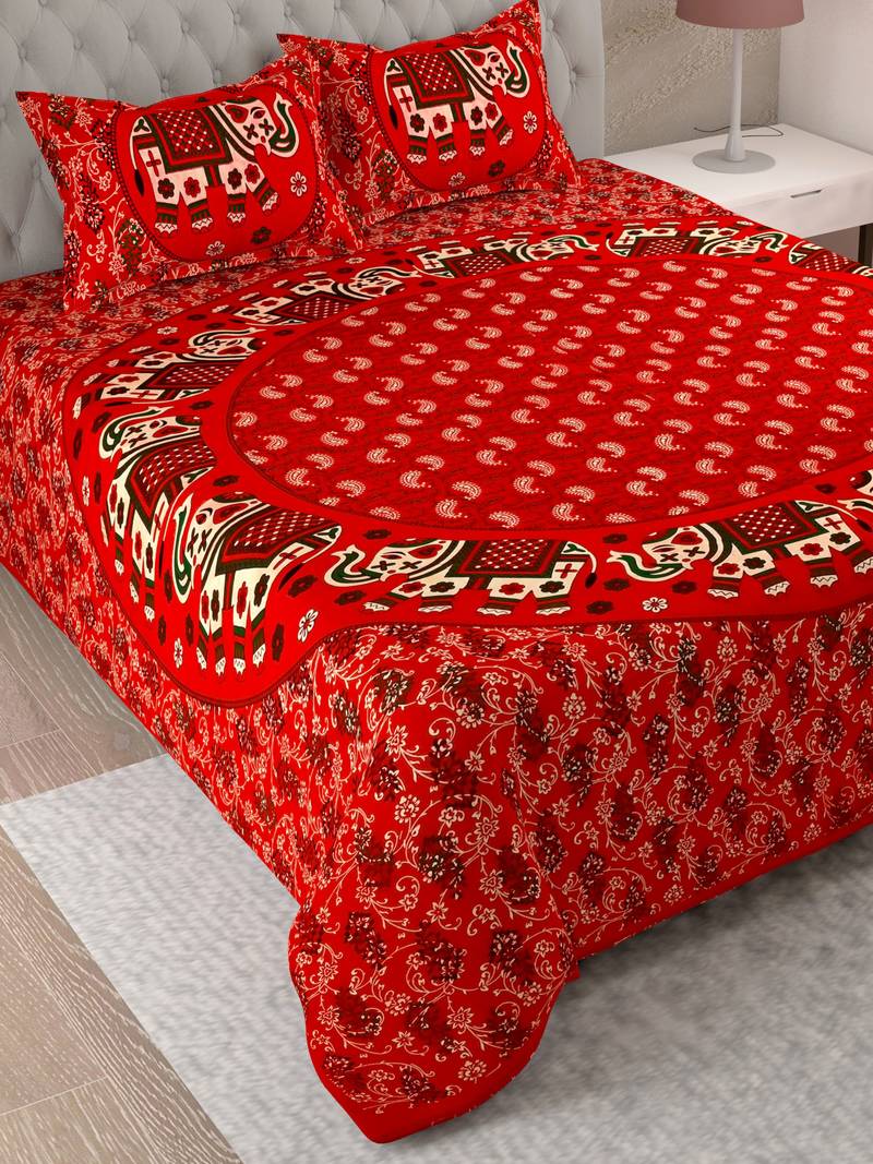 UniqChoice Red Color 100% Cotton Badmeri Printed King Size Bedsheet With 2 Pillow Cover(D-2009NRed)