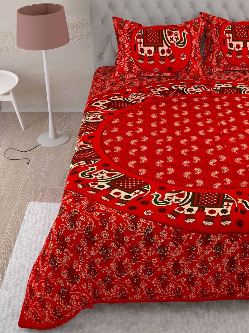 UniqChoice Red Color 100% Cotton Badmeri Printed King Size Bedsheet With 2 Pillow Cover(D-2009NRed)