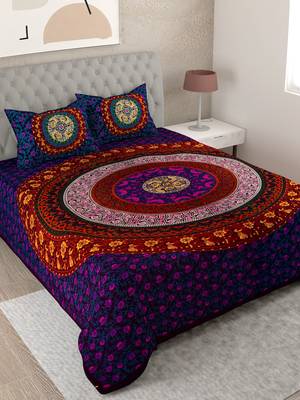 UniqChoice Purple Color 100% Cotton Badmeri Printed King Size Bedsheet With 2 Pillow Cover(D-2010NPurple) 1