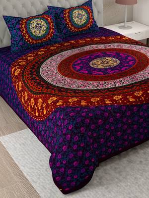 UniqChoice Purple Color 100% Cotton Badmeri Printed King Size Bedsheet With 2 Pillow Cover(D-2010NPurple) 3