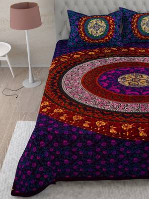 UniqChoice Purple Color 100% Cotton Badmeri Printed King Size Bedsheet With 2 Pillow Cover(D-2010NPurple) 4