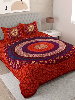 UniqChoice Red Color 100% Cotton Badmeri Printed King Size Bedsheet With 2 Pillow Cover(D-2010NRed) 1