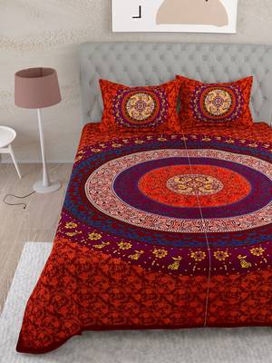 UniqChoice Red Color 100% Cotton Badmeri Printed King Size Bedsheet With 2 Pillow Cover(D-2010NRed) 2