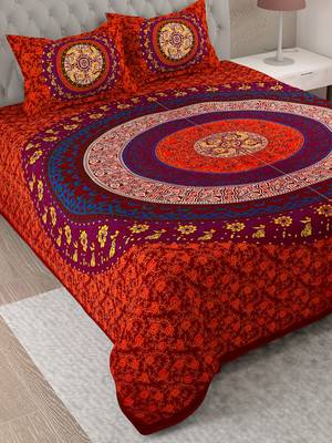 UniqChoice Red Color 100% Cotton Badmeri Printed King Size Bedsheet With 2 Pillow Cover(D-2010NRed) 3