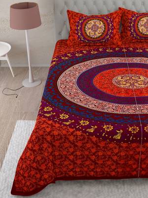 UniqChoice Red Color 100% Cotton Badmeri Printed King Size Bedsheet With 2 Pillow Cover(D-2010NRed) 4