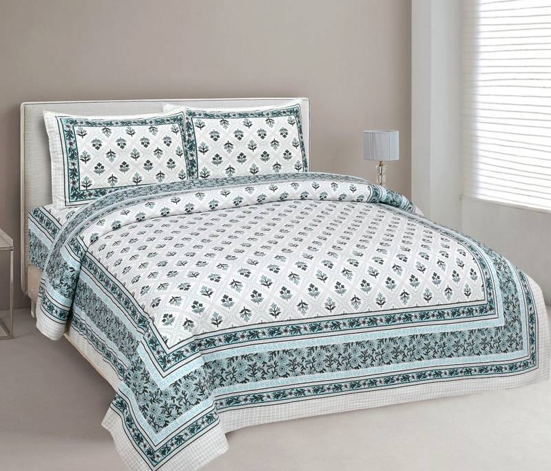 UNIQCHOICE 180 TC Blue Color Floral Printed King Size Bedsheet With 2 Pillow Cover (ELEG-19-Blue)