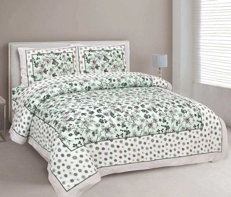 UNIQCHOICE 180 TC Green Color Floral Printed King Size Bedsheet With 2 Pillow Cover (ELEG-31-Green)