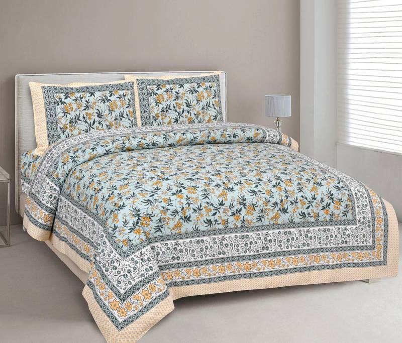 UNIQCHOICE 180 TC Skyblue Color Floral Printed King Size Bedsheet With 2 Pillow Cover (ELEG-32-Skyblue)