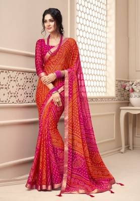 Orange Pink Bandhani printed chiffon saree with blouse 1