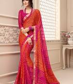 Orange Pink Bandhani printed chiffon saree with blouse