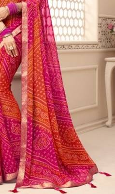 Orange Pink Bandhani printed chiffon saree with blouse 2