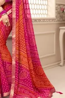 Orange Pink Bandhani printed chiffon saree with blouse