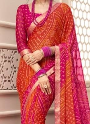 Orange Pink Bandhani printed chiffon saree with blouse 3