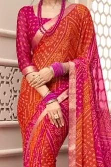Orange Pink Bandhani printed chiffon saree with blouse