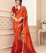 Orange Maroon Bandhani printed chiffon saree with blouse