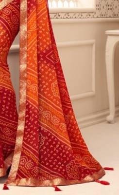 Orange Maroon Bandhani printed chiffon saree with blouse 2