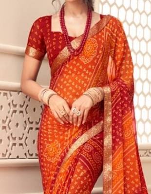 Orange Maroon Bandhani printed chiffon saree with blouse 3